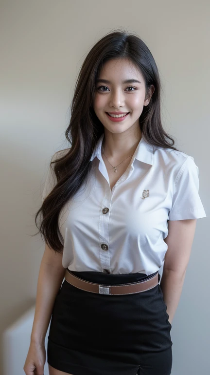 Standing and smiling , stand , (8k, best quality, masterpiece, ultra highres:1.2) Photo of Pretty thai woman beautiful, beautiful enchanting fashion contemporary painting with , (1girl), (white shirt short sleeves), ((black pencil skirt)), belt , , blonde hair, , realistic skin texture , round chin, 85 mm art lens, f 1. 2, sharp focus, 8 k high definition, insanely detailed, intricate, elegant, large breasts, big breasts , black skirt 