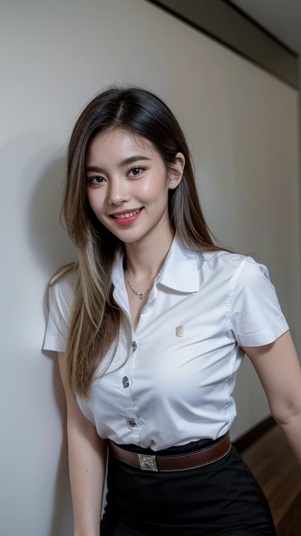 Standing and smiling , stand , (8k, best quality, masterpiece, ultra highres:1.2) Photo of Pretty thai woman beautiful, beautiful enchanting fashion contemporary painting with , (1girl), (white shirt short sleeves), ((black pencil skirt)), belt , , blonde hair, , realistic skin texture , round chin, 85 mm art lens, f 1. 2, sharp focus, 8 k high definition, insanely detailed, intricate, elegant, large breasts, big breasts , black skirt