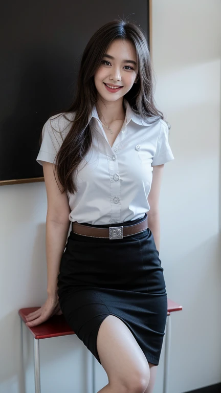 Standing and smiling , stand , (8k, best quality, masterpiece, ultra highres:1.2) Photo of Pretty thai woman beautiful, beautiful enchanting fashion contemporary painting with , (1girl), (white shirt short sleeves), ((black pencil skirt)), belt , , blonde hair, , realistic skin texture , round chin, 85 mm art lens, f 1. 2, sharp focus, 8 k high definition, insanely detailed, intricate, elegant, large breasts, big breasts , black skirt 