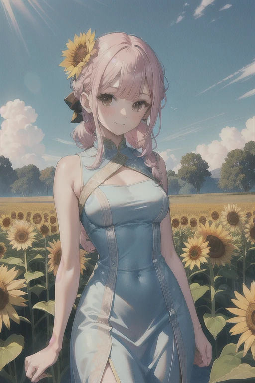 masterpiece, ((Super detailed background, Exquisite pattern, intricate details)), (Very detailed, fine details), best quality, beautiful lights, (portrait),  Rebecca, 1 girl, alone, braid, pink hair, long hair, ((slim girl, medium breasts, Cowboy shooting)), Smile, dress, 蓬松的dress, brown eyes, Complex and detailed background, sunflower, site, external, natural environment, blue Sky, Sky, Tree, 