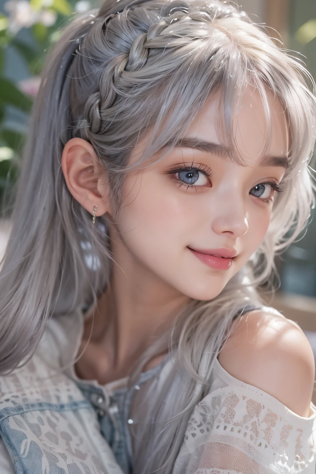 (Top quality details)、realistic、8k uh、High resolution、((overhead shot))、(1 girl)、((best smile))、super detailed、high quality texture、intricate details、high quality shadows、Details Beautiful and delicate face、Beautiful details and delicate eyes、20&#39;s、(best smile)、cute kpop girl、(Korean Ulsan Face)、(ulzzang -6500-V1.1:0.6)、Pueros face_V1、glow eye、perfect body、(big breasts)、 ((look at viewer))、(valley)、(gray hair color)、cheek、glossy lips、natural color reproduction, ((strong light))、(Lying on the bed with open arms)、(choker)、((brown eyes))、(gray hair), (Braid)、(ぱっつんbangs)、(bangs)、 shiny hair、Description Beautiful and delicate hair、(Glossy skin)、(long sleeve white hoodie)、(denim jeans)、(evening)、(white wall bedroom)、