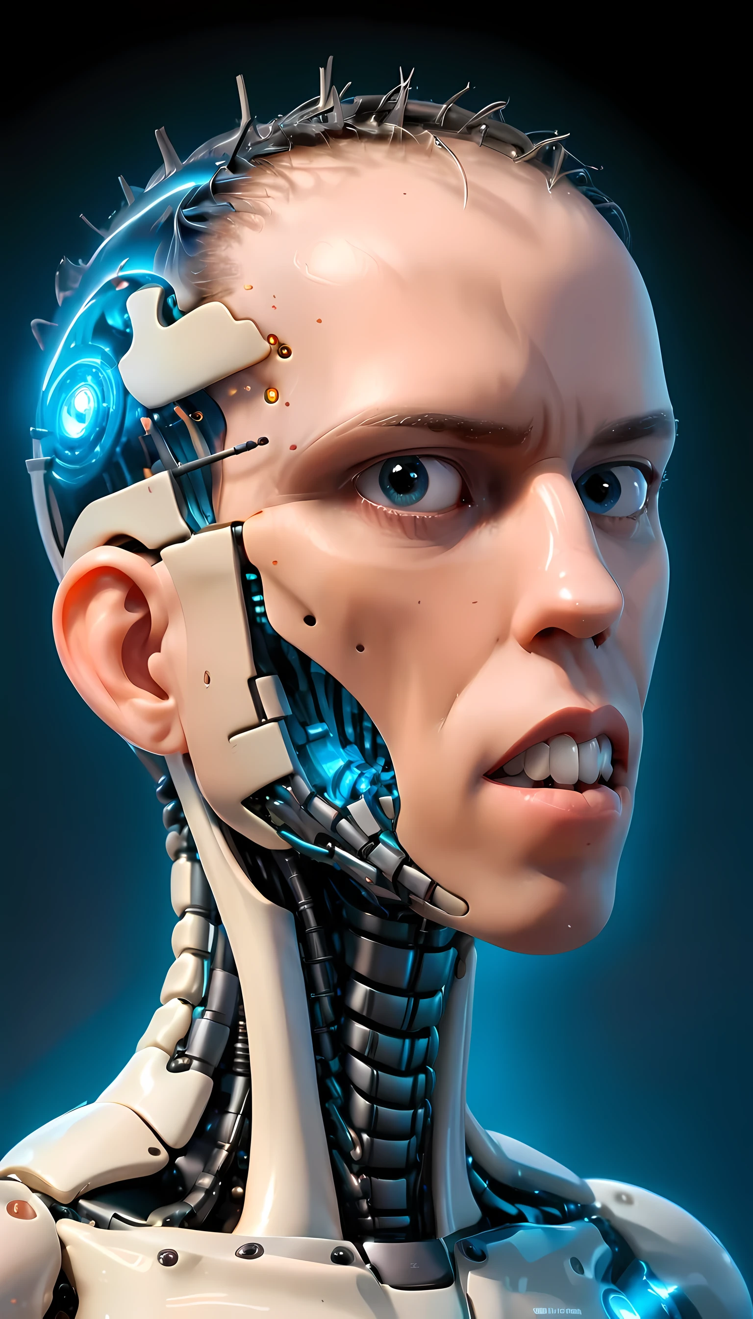 coopie, (Complex Professional 3D rendering:1.3) of (Ultra detailed:1.3) side profile, xray diagram deconstruction of a cyborg brain to machine interface, Highly detailed, Depth, Many parts, Lumen render, 8k x-ray style translucent bald head, clear skin, synthetic bone, blue Xray style on a pure black background,CGSociety,ArtStation