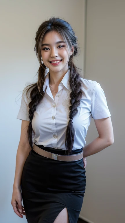 Standing and smiling , stand , (8k, best quality, masterpiece, ultra highres:1.2) Photo of Pretty thai woman beautiful, beautiful enchanting fashion contemporary painting with , (1girl), (white shirt short sleeves), ((black pencil skirt)), belt , , blonde hair, , realistic skin texture , round chin, 85 mm art lens, f 1. 2, sharp focus, 8 k high definition, insanely detailed, intricate, elegant, large breasts, big breasts , black skirt , twin tails hair