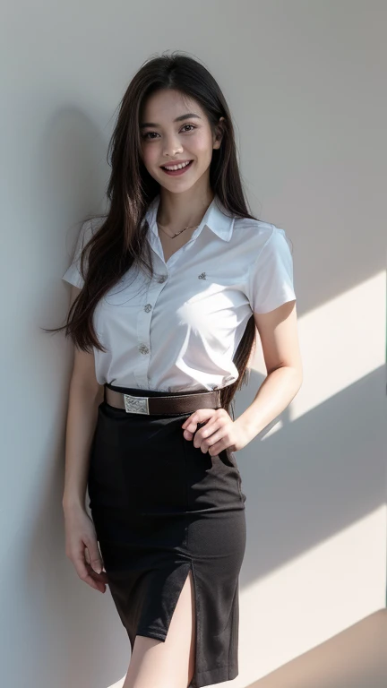 Standing and smiling , stand , (8k, best quality, masterpiece, ultra highres:1.2) Photo of Pretty thai woman beautiful, beautiful enchanting fashion contemporary painting with , (1girl), (white shirt short sleeves), ((black pencil skirt)), belt , , blonde hair, , realistic skin texture , round chin, 85 mm art lens, f 1. 2, sharp focus, 8 k high definition, insanely detailed, intricate, elegant, large breasts, big breasts , black skirt
