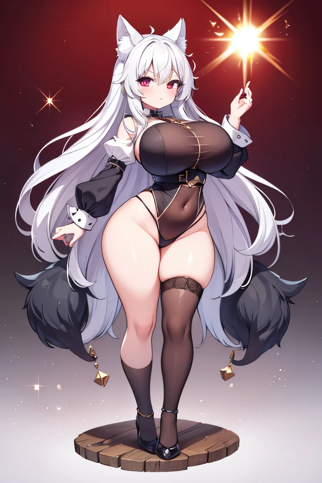 big breasts，extra large ， fat，Breast sagging，exposed，long white hair，bigger breasts，bigger breasts，bigger breasts，bigger breasts，black underwear，High heel，red pupils，fox demon，5 years old，short man，dwarf，Nine-pointed legs，huge ，Plum，hip fat，slim legs，black mentally retarded，charming，
