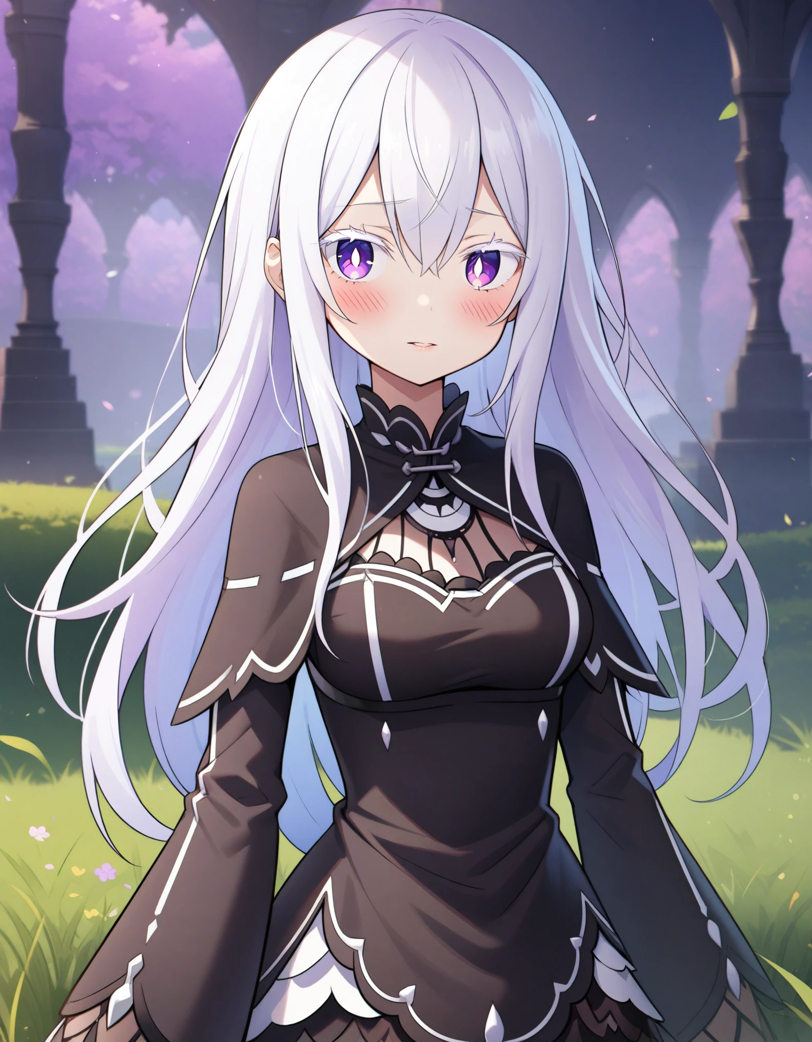 (masterpiece, best quality, very aesthetic, ultra detailed), intricate details, 1girl, echidna \(re:zero\), re:zero kara hajimeru isekai seikatsu, white hair, colored eyelashes, white eyelashes, bright pupils, violet eyes, long hair, sidelocks, black capelet, black dress, layered dress, blush, outdoor, grass background