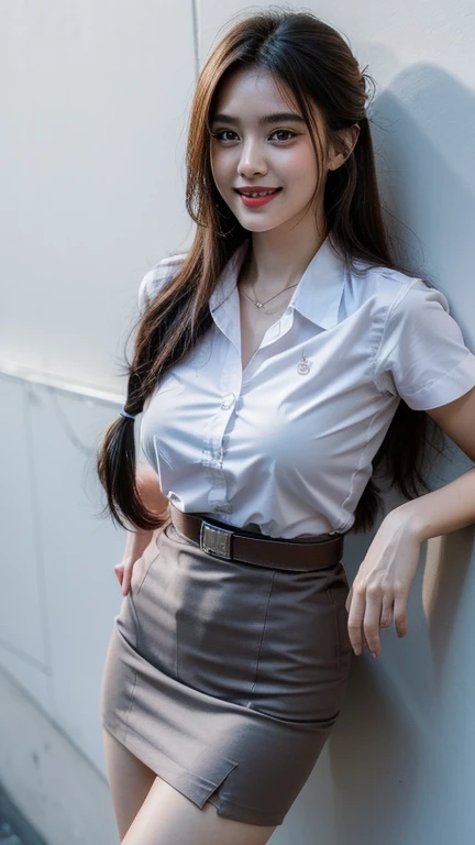 Standing and smiling , stand , (8k, best quality, masterpiece, ultra highres:1.2) Photo of Pretty thai woman beautiful, beautiful enchanting fashion contemporary painting with , (1girl), (white shirt short sleeves), ((black pencil skirt)), belt , , blonde hair, , realistic skin texture , round chin, 85 mm art lens, f 1. 2, sharp focus, 8 k high definition, insanely detailed, intricate, elegant, large breasts, big breasts , black skirt , twin tails hair