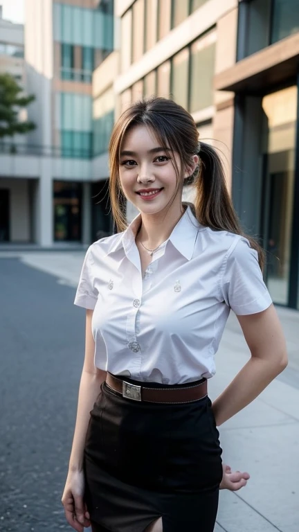 Standing and smiling , stand , (8k, best quality, masterpiece, ultra highres:1.2) Photo of Pretty thai woman beautiful, beautiful enchanting fashion contemporary painting with , (1girl), (white shirt short sleeves), ((black pencil skirt)), belt , , blonde hair, , realistic skin texture , round chin, 85 mm art lens, f 1. 2, sharp focus, 8 k high definition, insanely detailed, intricate, elegant, large breasts, big breasts , black skirt , twin tails hair