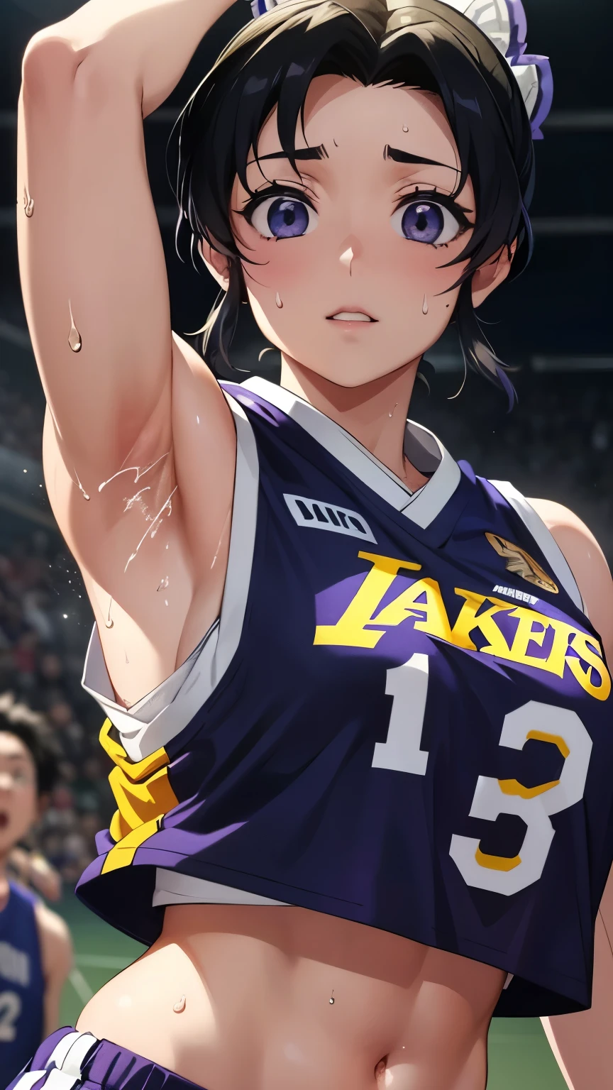 a close up of a person wearing a basketball uniform, a picture, inspired by Kentaro Miura, trending on pixiv, Shinobu Kochou, Demon Slayer, Kimetsu no Yaiba, wearing yellow nba jersey, yellow croptop nba jersey, wearing a low cut croptop, wearing croptop, croptop, the words "Lakers" written on the croptop, golden raito, (winking), shirobako, large)}], favorite scene, fine details. anime. skins, sweating, big breasts, both hands raised, armpits, armpits visible, dripping with sweat, more more sweat, sweaty armpits