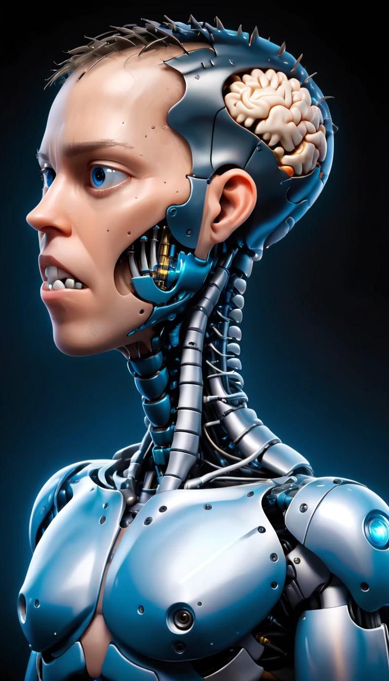 coopie, (Complex Professional 3D rendering:1.3) of (Ultra detailed:1.3) side profile, xray diagram deconstruction of a cyborg brain to machine interface, Highly detailed, Depth, Many parts, Lumen render, 8k x-ray style translucent bald head, clear skin, synthetic bone, blue Xray style on a pure black background,CGSociety,ArtStation