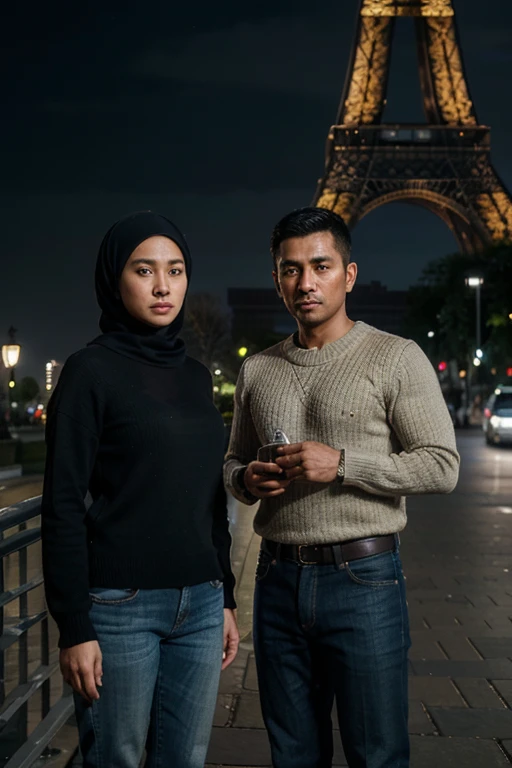 Masterpiece, upper, very detailed, real photos, couple indonesian woman wearing hijab and indonesian man wearing a sweater and jeans, standing facing the camera under the Eiffel Tower at night , 32K ultraHD resolution, HDR, 800mm lens, realistic , hyperrealistic, photography, professional photography, deep photography, ultra HD, very high quality, best quality, mid quality, HDR photo, focus photo, deep focus, very detailed, original photo, original photo, ultra sharp, nature photo, masterpiece, award winning, shot with hasselblad x2d