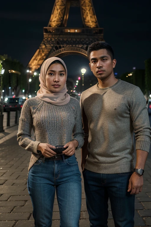 Masterpiece, upper, very detailed, real photos, couple indonesian woman wearing hijab and indonesian man wearing a sweater and jeans, standing facing the camera under the Eiffel Tower at night , 32K ultraHD resolution, HDR, 800mm lens, realistic , hyperrealistic, photography, professional photography, deep photography, ultra HD, very high quality, best quality, mid quality, HDR photo, focus photo, deep focus, very detailed, original photo, original photo, ultra sharp, nature photo, masterpiece, award winning, shot with hasselblad x2d 