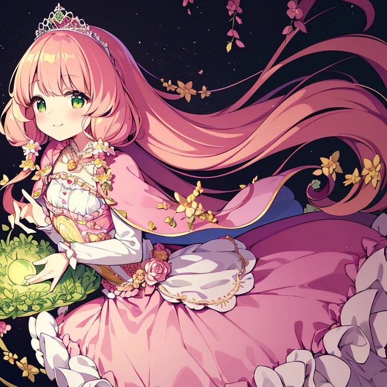 (kawaii),(best quality,4k,highres),upper body,(rococo style),(long train pink cape),(long train white ball gown with flowers),(detailed fabric),a girl wearing a cape over her dress,1 little princess, tiara, smile, very long hair,(small delicate breasts), green garden background, vibrant colors, soft lighting