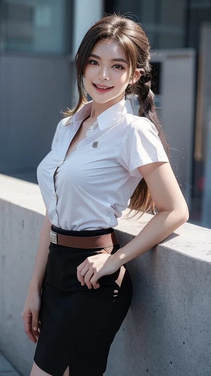 Standing and smiling , stand , (8k, best quality, masterpiece, ultra highres:1.2) Photo of Pretty thai woman beautiful, beautiful enchanting fashion contemporary painting with , (1girl), (white shirt short sleeves), ((black pencil skirt)), belt , , blonde hair, , realistic skin texture , round chin, 85 mm art lens, f 1. 2, sharp focus, 8 k high definition, insanely detailed, intricate, elegant, large breasts, big breasts , black skirt , twin tails hair