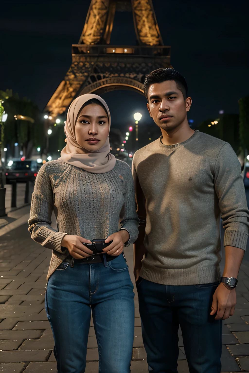 Masterpiece, upper, very detailed, real photos, couple indonesian woman wearing hijab and indonesian man wearing a sweater and jeans, standing facing the camera under the Eiffel Tower at night , 32K ultraHD resolution, HDR, 800mm lens, realistic , hyperrealistic, photography, professional photography, deep photography, ultra HD, very high quality, best quality, mid quality, HDR photo, focus photo, deep focus, very detailed, original photo, original photo, ultra sharp, nature photo, masterpiece, award winning, shot with hasselblad x2d