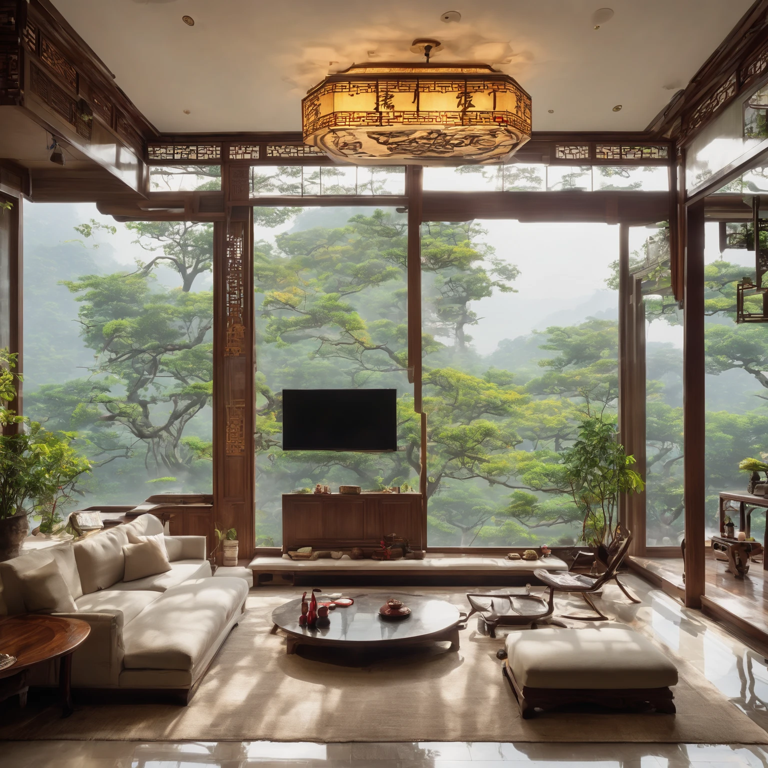 Simple room，Set up the fireplace，Fireplace front view，Man on the couch is reading a book，There are floor-to-ceiling windows，sofe，a chair，New Chinese style decoration，high-definition photography，Best Masterpiece，HighestQuali