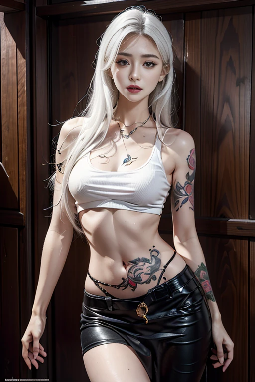 realistic, high resolution, 1 woman, alone, hips up, see viewers, (detailed face), small waist, Lips closed, white hair, long hair, street clothing, decorations, belly tattoo，Also tattooed，Also tattooed，weapon，weapon