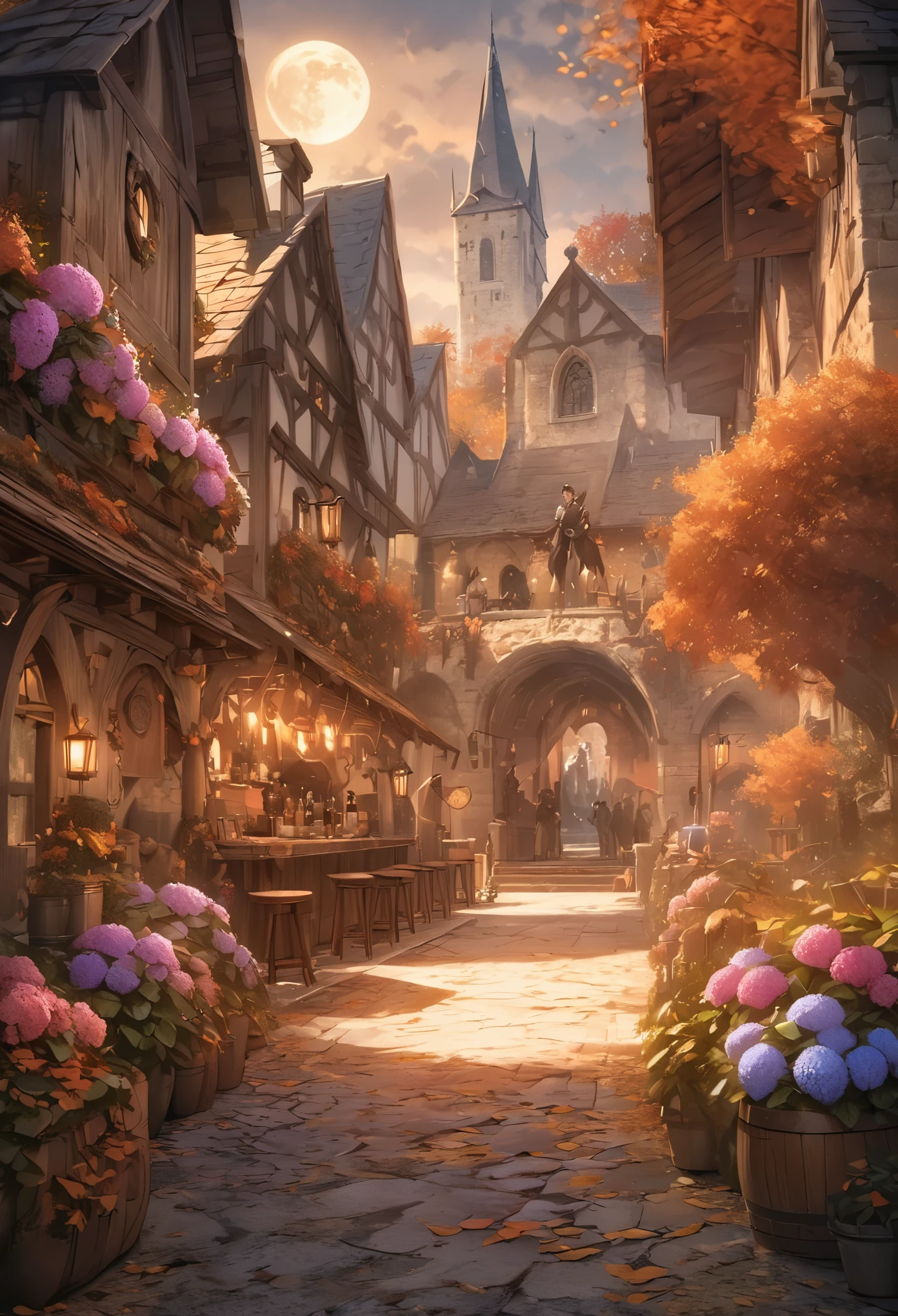 masterpiece, best quality, high quality, Very detailed CG 8k wallpaper unit, landscape, outdoor, set up, medieval tavern, autumn sky, autumn dusk, Autumn And Winter, cloudy day, The big moon shines, Award-winning photography, depth of field, high dynamic range, flowers, fountain, hydrangeas, lifelike, Very detailed, complex, high detail, dramatic, art on the go,  Artstation trends, CG social trends, Color difference.