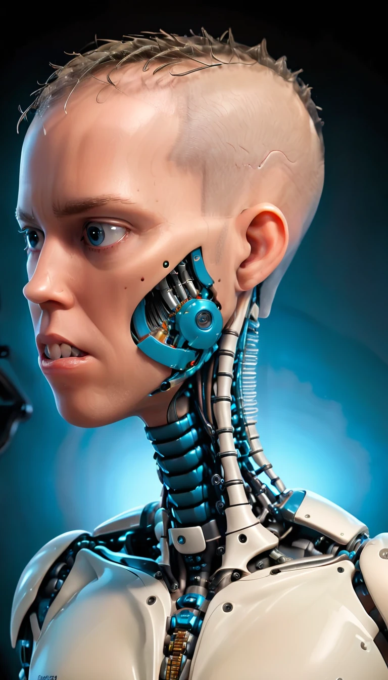 coopie, (Complex Professional 3D rendering:1.3) of (Ultra detailed:1.3) side profile, xray diagram deconstruction of a cyborg brain to machine interface, Highly detailed, Depth, Many parts, Lumen render, 8k x-ray style translucent bald head, clear skin, synthetic bone, blue Xray style on a pure black background,CGSociety,ArtStation