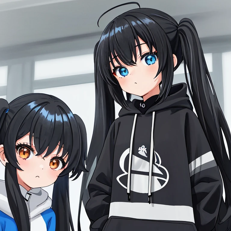 black twintail hair、Girl in black hoodie White medium long hair、girl in blue jersey