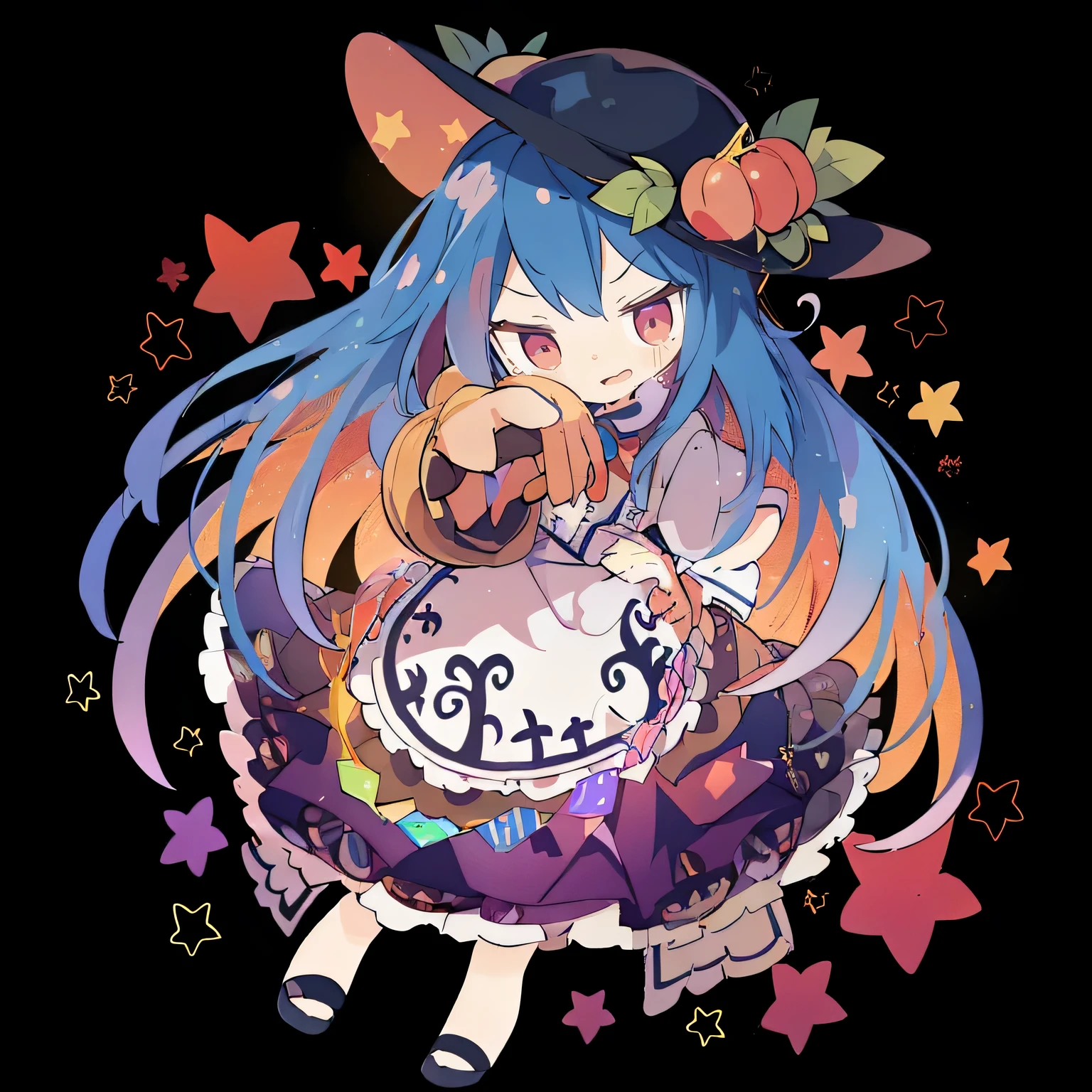 (best quality,highres,masterpiece:1.2),ultra-detailed,(realistic:1.37), expressive eyes, perfect face, 1 girl, hands on waist, beautiful, glamorous, Japanese anime, girl, Lola, Chouno Angel, blue hair, floating clothes, waist grabbing, hands on hips, flat-chested, starry sky