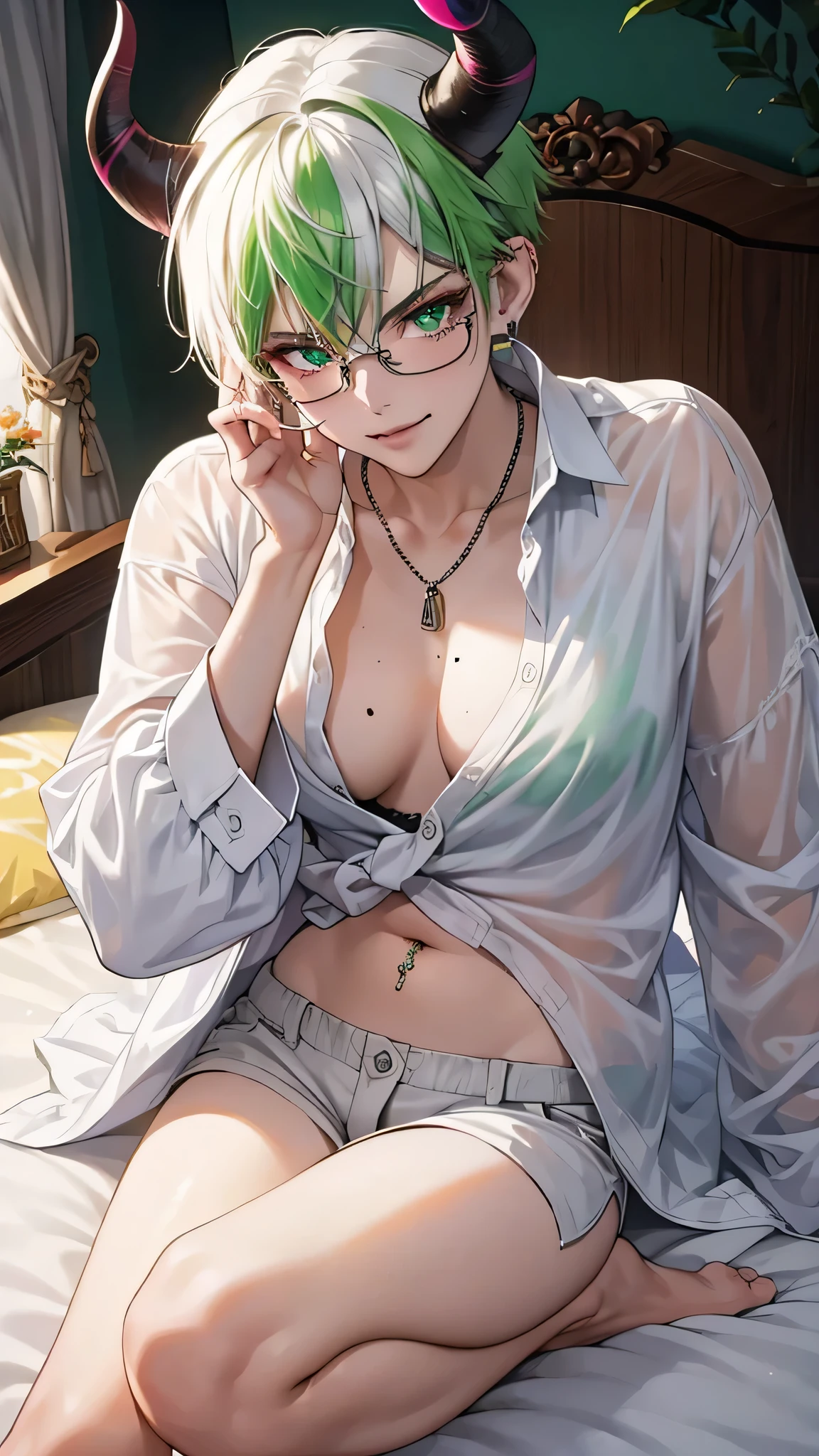 8k, masterpiece, best quality, highly detailed, 1girl, tiefling, multicolored hair, very short straight hair green highlight hair on white hair, strippled hair, wearing glasses, earrings, necklace, mole, glowing green eyes, glamorous , white oversized shirt, bare feet, navel piercing, villainy, smirk, seductive pose, close up view, rings, looking at viewer, demon horns, lying on bed, wet shirt.