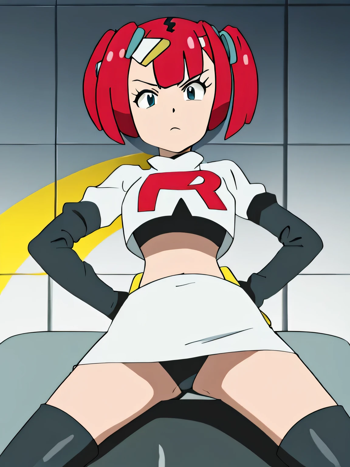 sango, long hair, multicolored hair, medium hair, 8k, masterpiece,highres,very large breast, team rocket uniform, red letter r, white skirt,white crop top,black thigh-high boots, black elbow gloves, glaring angrily, looking down at viewer, hands on hips, cowboy shot, zettai ryouiki,spread legs,from below, black panties,anime style, vivid colors, sharp focus, intense lighting,