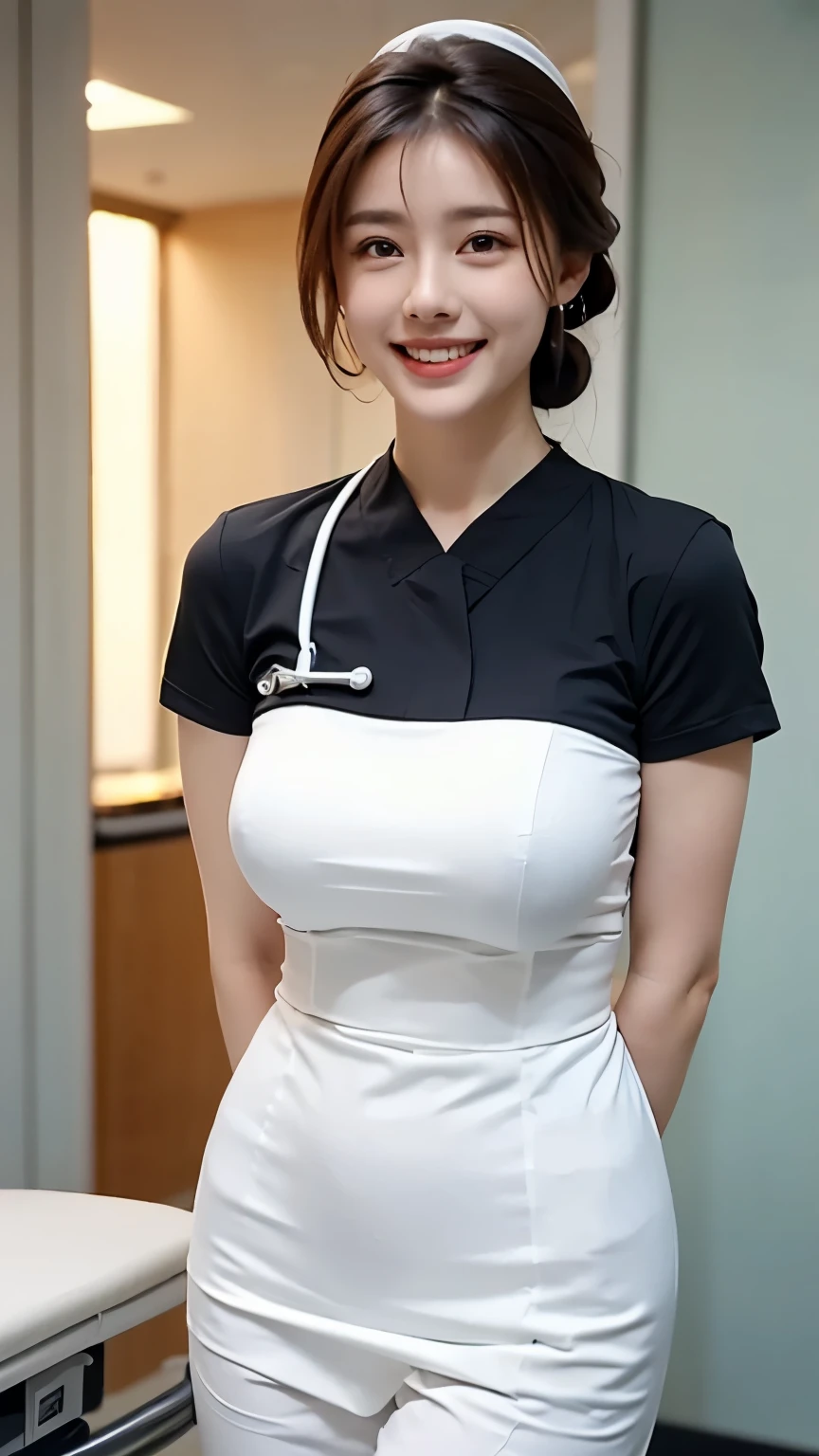 (One ultimate beautiful mature woman), experienced nurse, very detailed顔, detailed lips, detailed eye, double eyelid, brunette updo, (grin and laugh), ((beautiful teeth)), (((Wearing a white nurse uniform)))), big breasts, (thighs thighs thighs), Perfect fit, perfect body, perfect face, (((background: Hospital room with lots of medical equipment)))、cowboy shot, (Depth of bounds written), Perfect image realism, With detailed background, detailed costume, perfection、hyper realism、Photoreal、8K maximum resolution, (masterpiece), very detailed, Professional