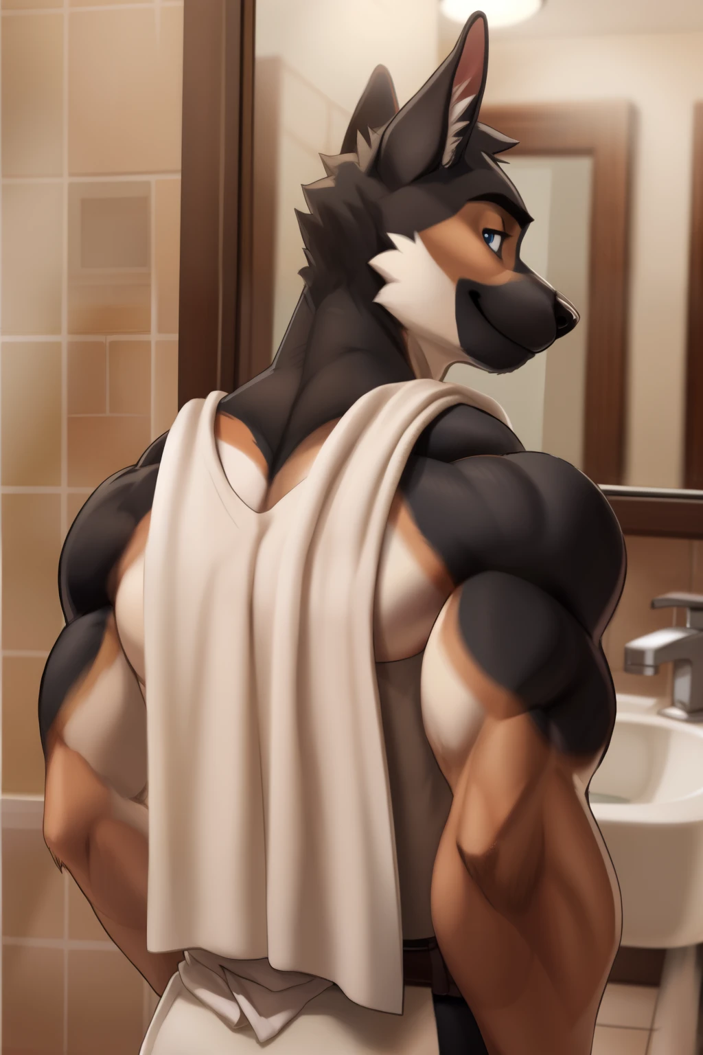 Barlic, Blue eyes, black fur, muscular man, (soft shading), 4K, it&#39;s empty here, ((detailed face, detailed)), от zackary911, from Sausch, (for dating:0.5), portrait, upper body, focus on the face, smile, Bathroom, mirror, stands in front of the mirror and looks at himself, looks at his reflection in the mirror, towel, with his back to the viewer,