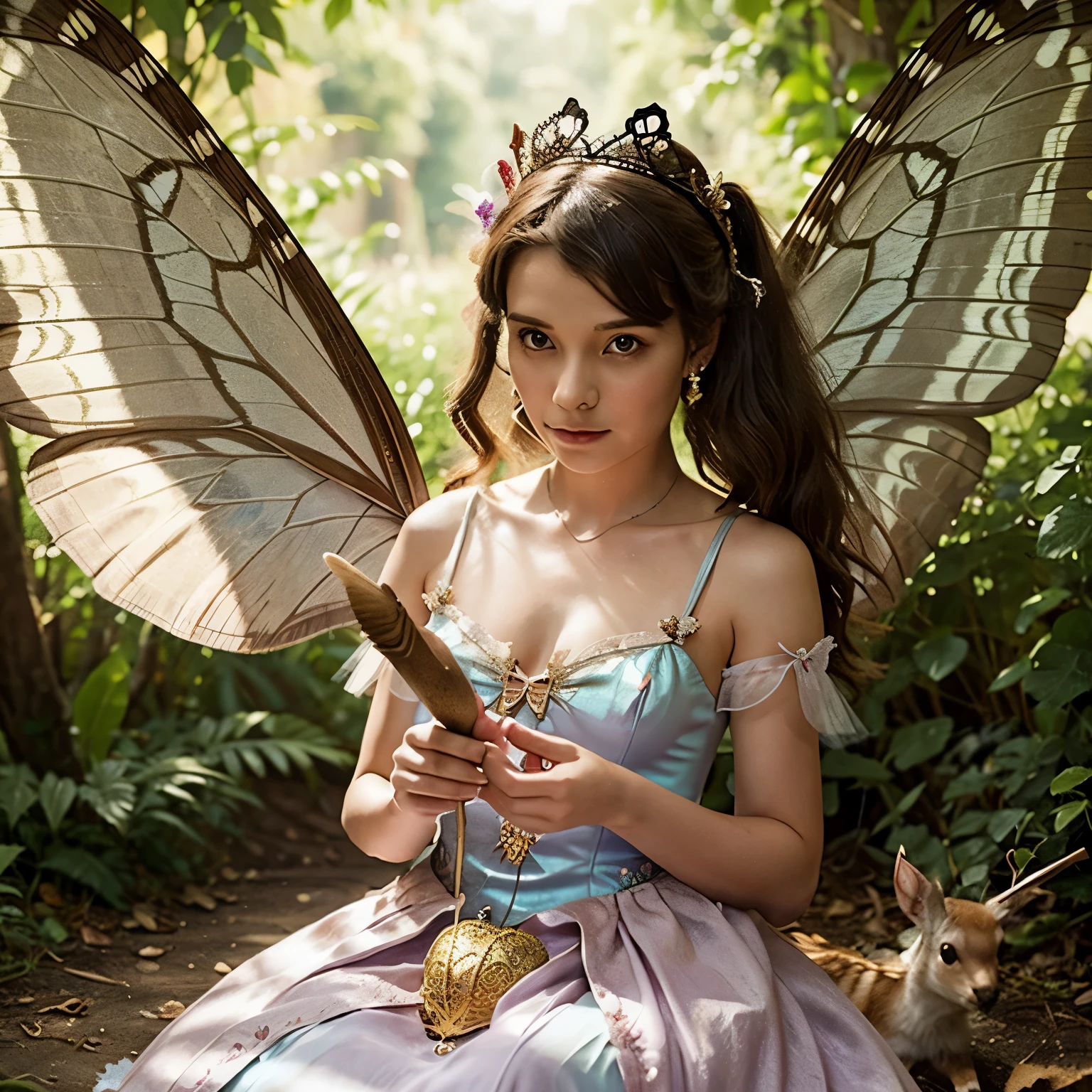 Make a good fairy with moth wings, a magic wand and crown, put a pet deer next to them, and a butterfly dress