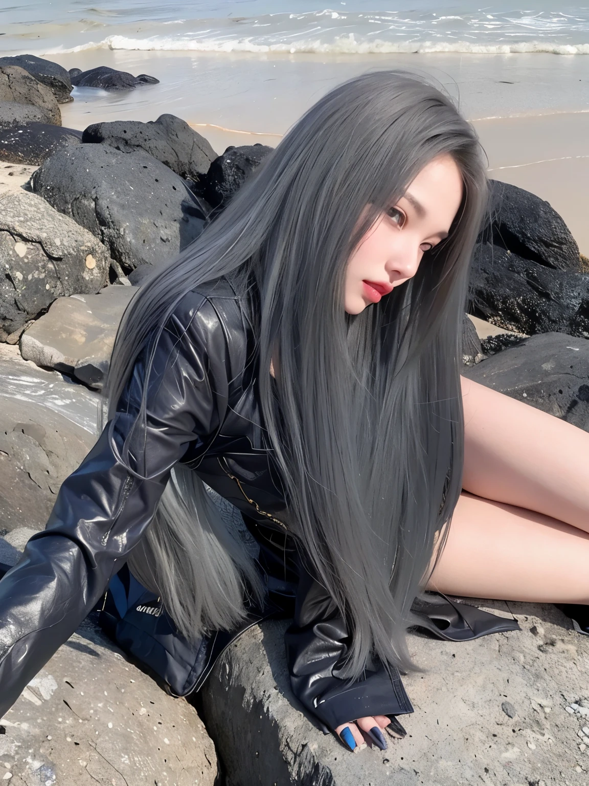 girl wearing black leather clothes，Long straight hair，A head of blue-gray hair，long flowing hair