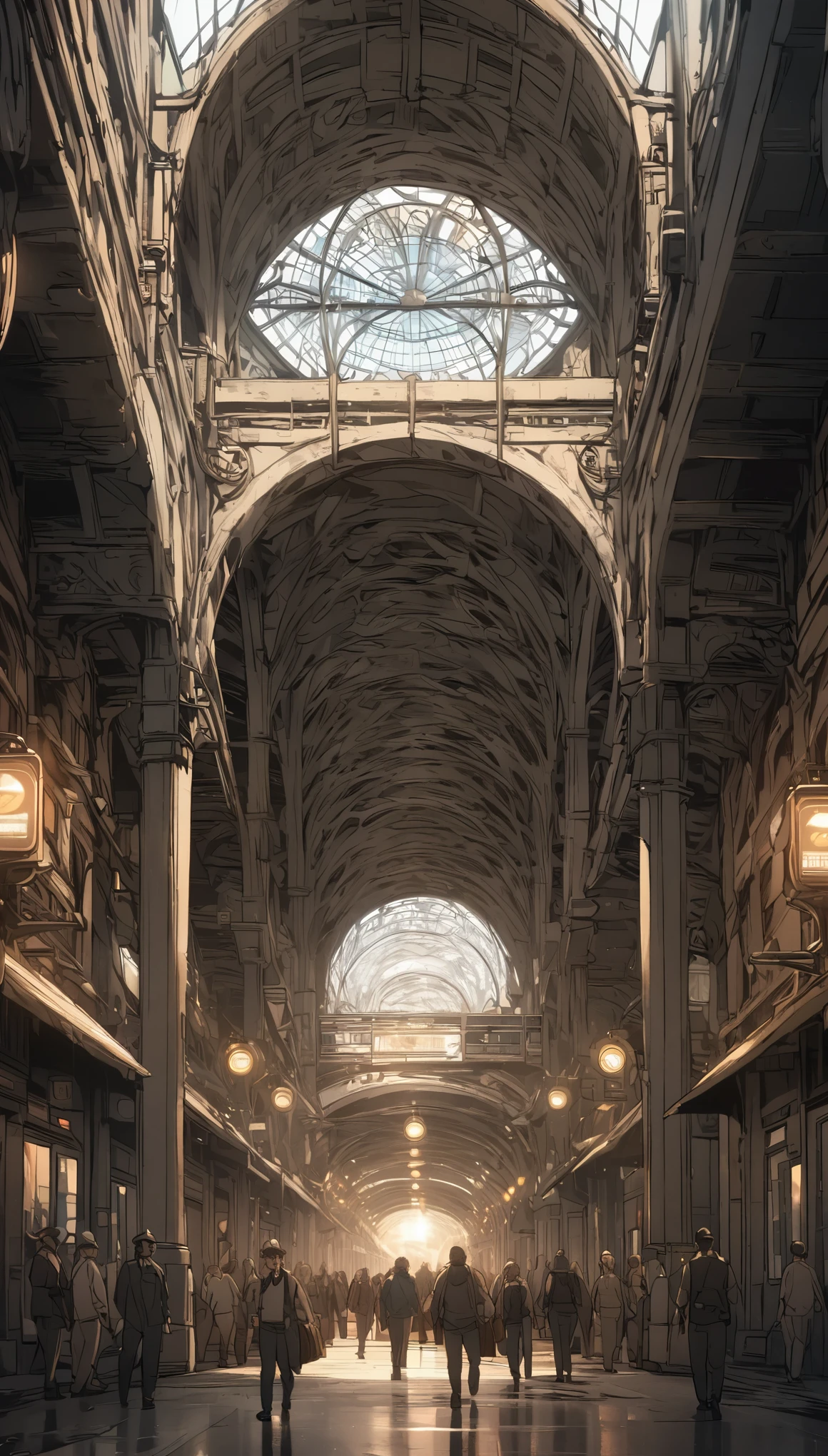 Large railway station designed by John Kenn Mortensen, colored, detailed