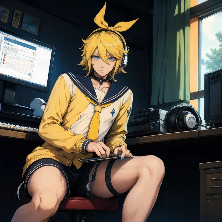 kagamine_len, sparkle, blonde_hair, keyboard_(computer), sitting, sailor_collar, yellow_nails, spiked_hair, headphones, 1boy, chair, male_focus, blue_eyes, black_sailor_collar, cardigan, knees_up, looking_at_viewer, monitor, shirt, headset, nail_polish, white_shirt, indoors, yellow_necktie, hand_on_own_knee, solo_focus, :<, sweater, sweat, mouse_(computer)