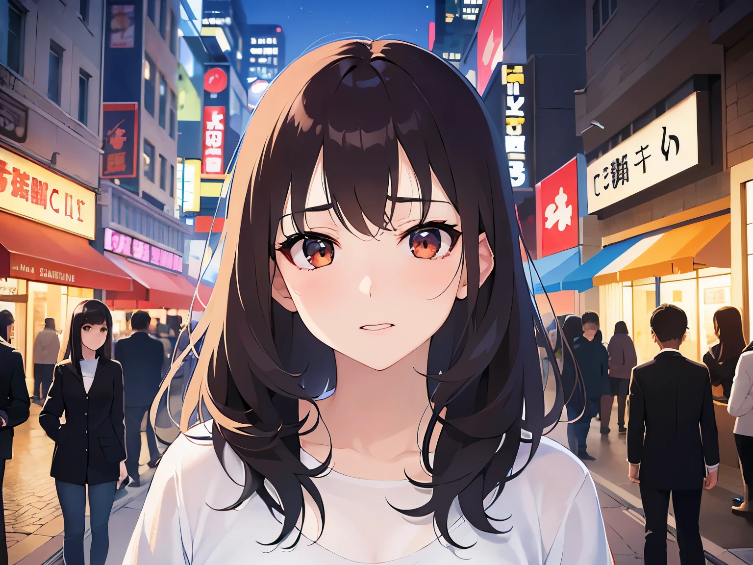 Resting hand on chin、Upper Body, Realistic, real person, (pale skin: 1.2), RAW photo, photorealistic, portrait photography, shiny skin, japanese idol、shiny hair、(25 year old woman with medium hair with bangs) and (wavy hair) and (brown hair) and (orange eyes) , plain white t-shirt 、(sad:1.3), open mouth, The background is a shopping street at night、Alone、Are standing
