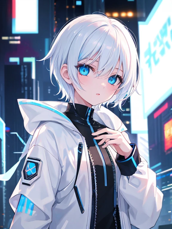 masterpiece, high resolution, highest quality, super detail, ghost girl, solo, androgynous, white hair, short hair, light blue transparent eyes, cyberpunk