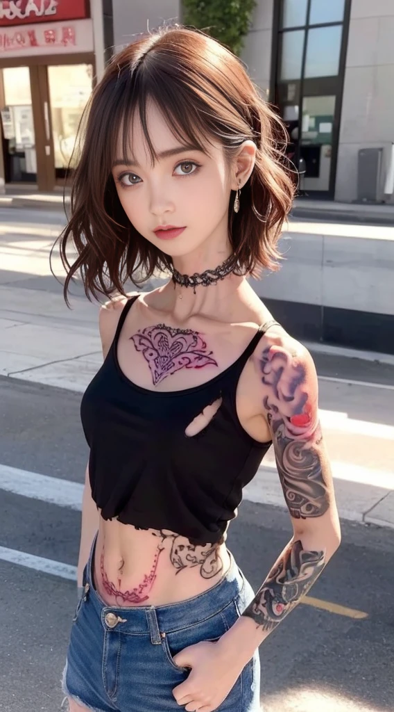((medium sized breast, tomboy girl, small head)),  (Belly chisel : 1.1), (perfect body : 1.1), (short wavy hair : 1.2) , reddish brown hair, shirt collar, chain, full body shot, Busy streets, Wear a black tank top., jeans jacket, (Torn clothes:1.3)((shorts)), (วอลล์เปเปอร์ CG 8k ที่very detailed), (Delicate and extremely beautiful), (Masterpiece), (best quality:1.0), (ultra height:1.0),  beautiful light ,perfect lightning, realistic shadows, [height], Fine skin, very detailed (((colorful))),(All tattoos:1.5),