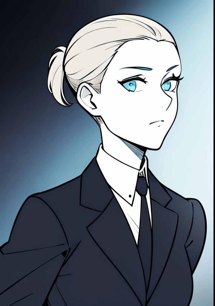 One Young Adult female, pale blonde slicked back into a short ponytail with a single bang on the left hand side, steel blue eyes, light and carefree expression, wearing black suit jacket and tie, portrait style, facing forwards