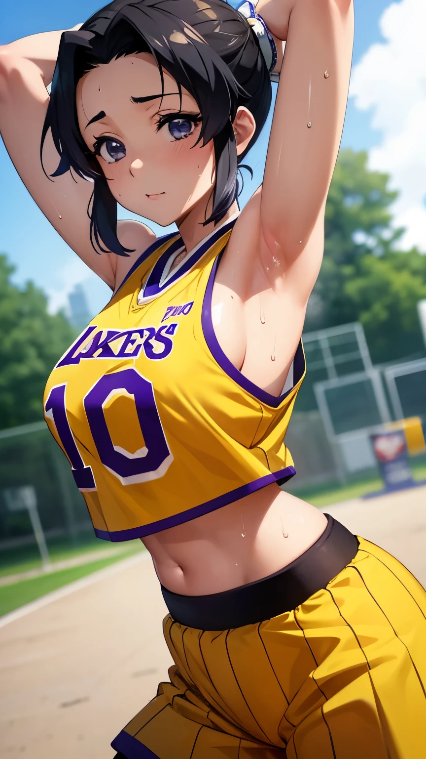 a close up of a person wearing a basketball uniform, a picture, inspired by Kentaro Miura, trending on pixiv, Shinobu Kochou, Demon Slayer, Kimetsu no Yaiba, wearing yellow nba jersey, yellow croptop nba jersey, wearing a low cut croptop, wearing croptop, croptop, the words "Lakers" written on the croptop, golden raito, (winking), shirobako, large)}], favorite scene, fine details. anime. skins, sweating, big breasts, both hands raised, armpits, armpits visible, dripping with sweat, more more sweat, sweaty armpits