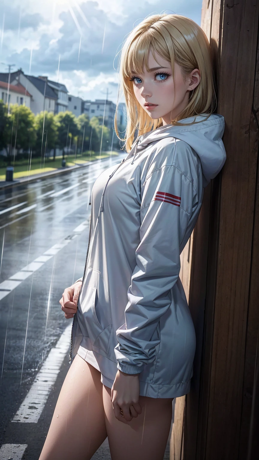 ((最high quality, 8K, masterpiece: 1.3, Ultra HD, high quality, 最high quality, High resolution, realism)) 、(high color saturation:1.0), (highly detailed skin), (最high quality:1.0), (超High resolution:1.0) ,(realistic:1.0), (Super detailed:1.0), (8K, Raw photo:1.1), slender、Slender, muscular body that&#39;s toned like an athlete&#39;s、white woman、blue eyes、blonde、Wear a raincoat、put on a hood、City with poor visibility due to rain、I&#39;m in the middle of the road、Sunlight shines through gaps in the thick rain clouds、there&#39;s a rainbow in the sky、Low angle view
