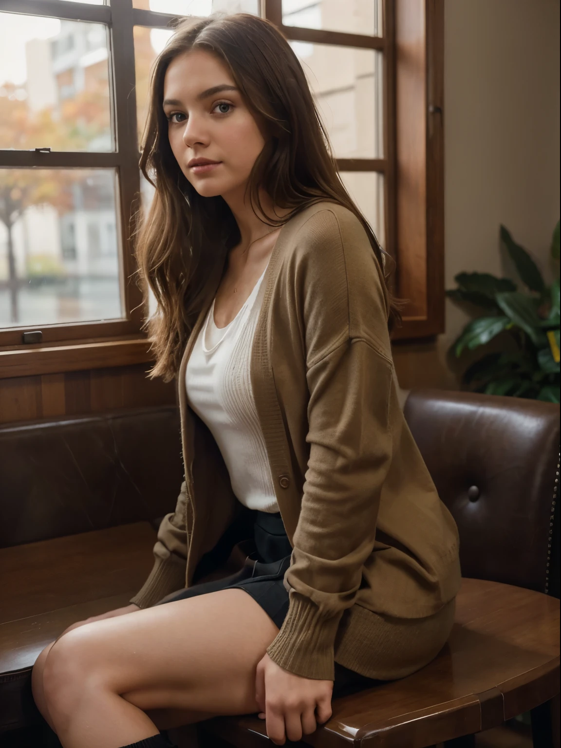 1 young woman (full-body, soft portrait shot 8 k, solo, ultra high res, photograph, RAW, masterpiece, best quality, ultra-detailed, film grain:1.3, ray tracing), (22 years old, beautiful face, attractive girl, attractive woman, beautiful brunette woman, beautiful brunette girl, attractive female, brunette woman, gorgeous female, European, realistic skin, chestnut hair, long hair:1.3, sitting, happy, arms down) (t-shirt, skirt, knee length cardigan knee length sweater, leather riding boots, crossbody clutch), (analog style, (side view), looking away), (fall, autumn, indoors (day), upscale cafe, shadows, rainy day, contrast, sidelighting, cool hue, cool tone:1.2)