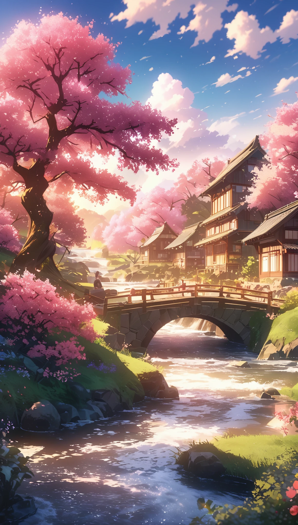 Draw a river and a small village, Anime beautiful peaceful scene, very beautiful scenery, landscape artwork, landscape art details, Very beautiful digital art, beauty of natural landscape, Beautiful art ultra hd 4k, very beautiful photos, beautiful nature, landscape wallpaper, really beautiful nature, Beautiful digital artwork, beautiful background, Cherry tree, anime style