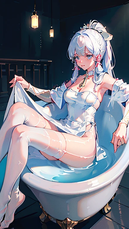 ((beautiful lighting, Best quality, 8K, Masterpiece: 1.3)), 1girl, Perfect body beauty: 1.4, elegant, Sweaty + wet skin,((white hair)), (White dress: 1.4), (Bathing gown), (Over the knee white stockings: 1.5), (bathtub, night: 1.1), (Hot water bath), Soak, Super Fine Face, panties under dress, lingerie, underwear 