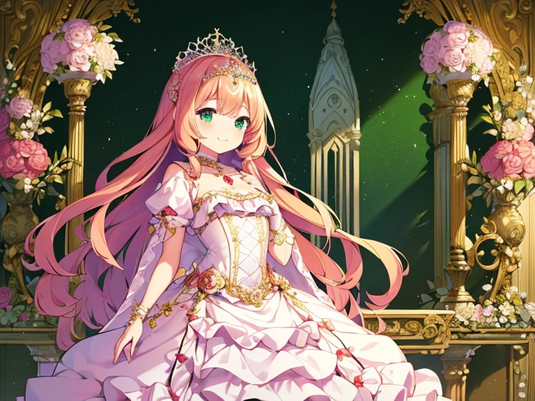 (kawaii),(best quality,4k,highres),upper body,(rococo style),(long train pink cape),(long train white ball gown with flowers),(detailed fabric),a girl wearing a cape over her dress,1 little princess, tiara, smile, very long hair,(small delicate breasts), green garden background, vibrant colors, soft lighting