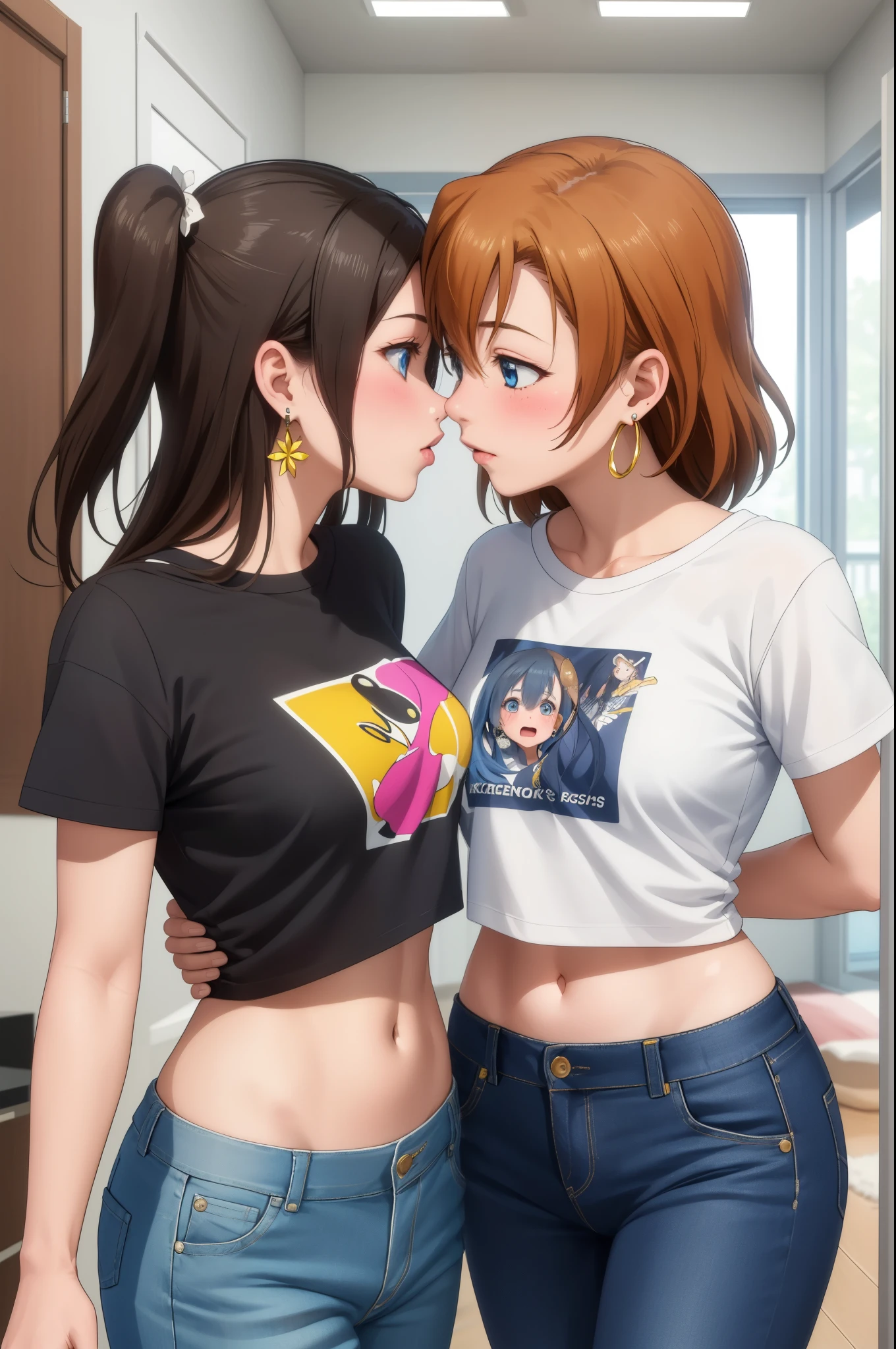 (Masterpiece, Best Quality, High Quality), professional artwork, well drawn, Intricate Details,(((two girls looking after kiss))),Kousaka honoka, room, ultra detail hair, ultra detail face, perfect eyes, earring, blushing, embarrassed, t-shirt, midriff, denim pants