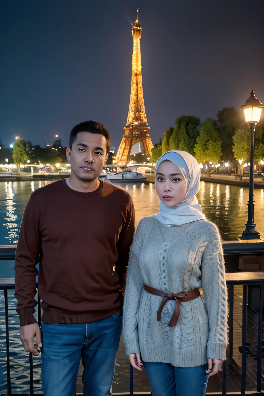 Masterpiece, upper, very detailed, real photos, couple indonesian woman wearing hijab and indonesian man wearing a sweater and jeans, standing facing the camera under the Eiffel Tower at night , 32K ultraHD resolution, HDR, 800mm lens, realistic , hyperrealistic, photography, professional photography, deep photography, ultra HD, very high quality, best quality, mid quality, HDR photo, focus photo, deep focus, very detailed, original photo, original photo, ultra sharp, nature photo, masterpiece, award winning, shot with hasselblad x2d 