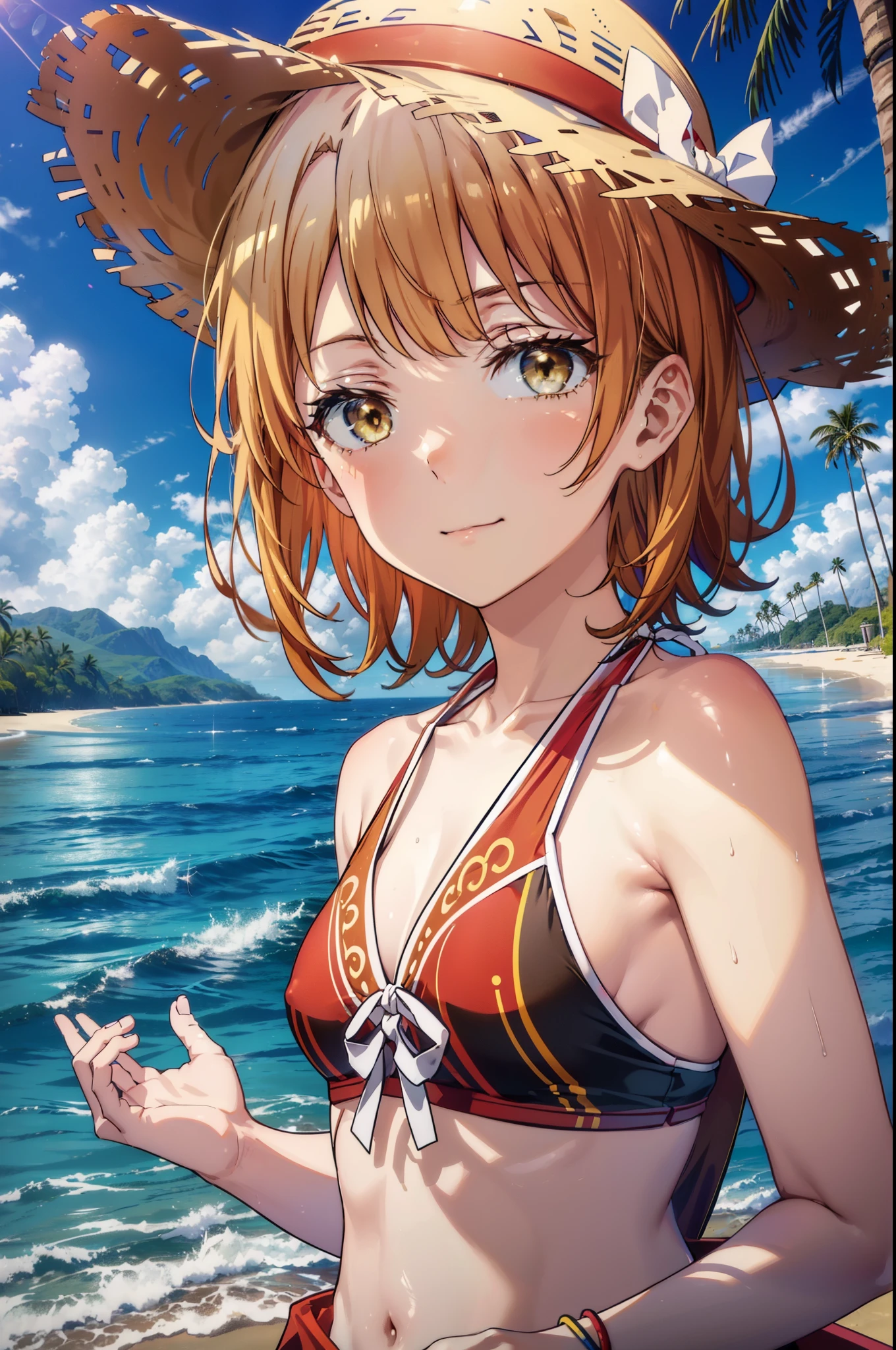 irohaisshiki, iroha isshiki, short hair, brown hair, (brown eyes:1.5), Medium chest,smile,big straw hat,Red Bikini Swimsuit,naked belly,A pale red blanket is wrapped around his waist.., (beach salon),((salon)), beach outfit,real summer,Palm tree, 砂浜
break outdoors, beach,
break looking at viewer,
break (masterpiece:1.2), highest quality, High resolution, unity 8k wallpaper, (shape:0.8), (fine and beautiful eyes:1.6), highly detailed face, perfect lighting, Very detailed CG, (perfect hands, perfect anatomy),