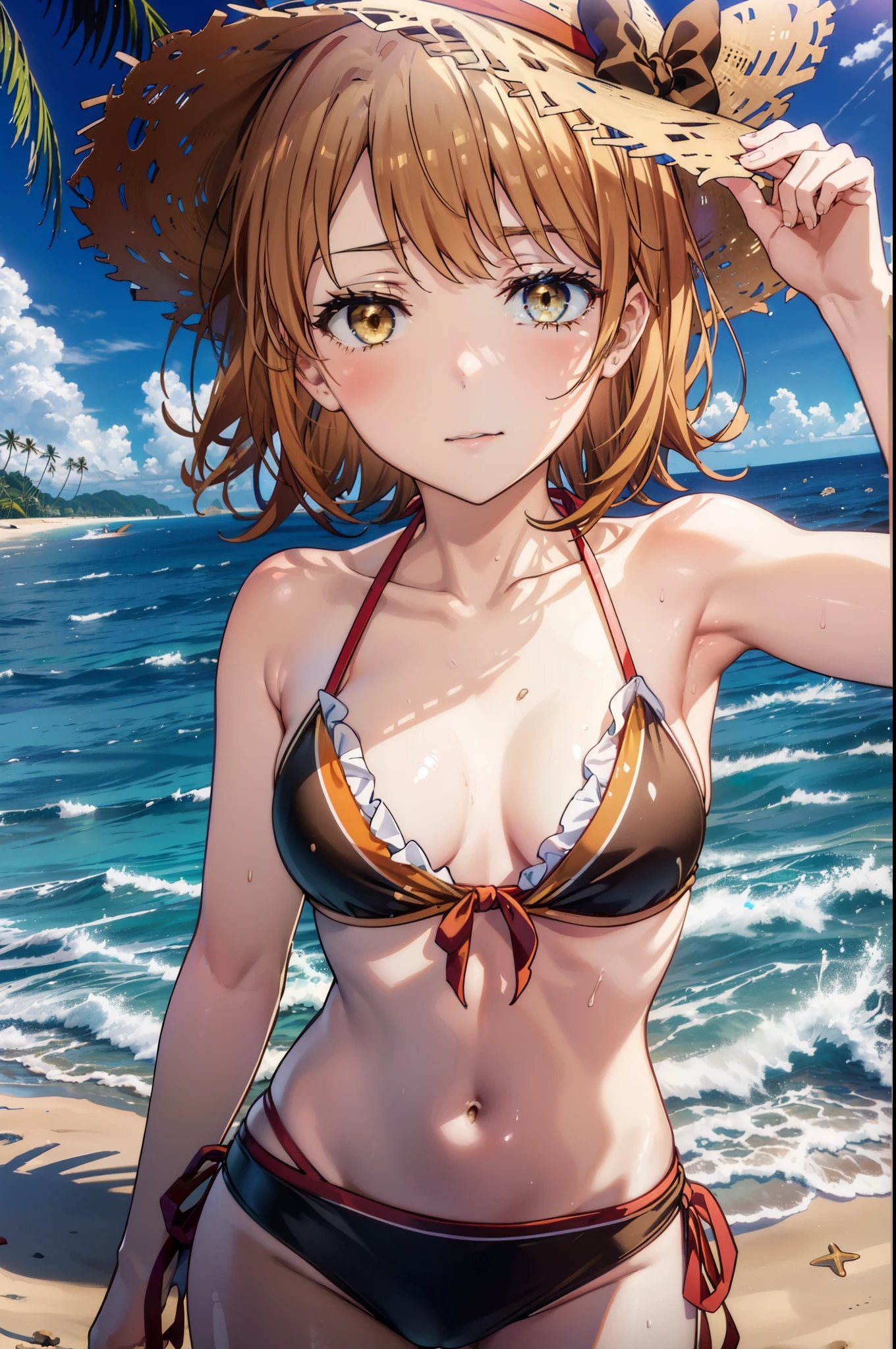 irohaisshiki, iroha isshiki, short hair, brown hair, (brown eyes:1.5), Medium chest,smile,big straw hat,Red Bikini Swimsuit,naked belly,A pale red blanket is wrapped around his waist.., (beach salon),((salon)), beach outfit,real summer,Palm tree, 砂浜
break outdoors, beach,
break looking at viewer,
break (masterpiece:1.2), highest quality, High resolution, unity 8k wallpaper, (shape:0.8), (fine and beautiful eyes:1.6), highly detailed face, perfect lighting, Very detailed CG, (perfect hands, perfect anatomy),