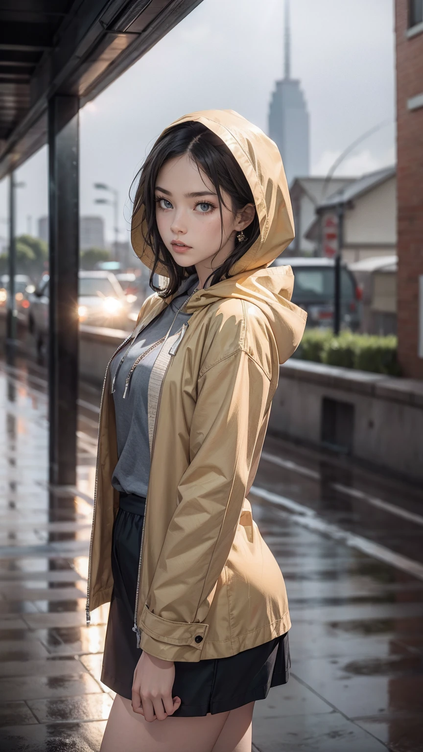 ((最high quality, 8K, masterpiece: 1.3, Ultra HD, high quality, 最high quality, High resolution, realism)) 、(high color saturation:1.0), (highly detailed skin), (最high quality:1.0), (超High resolution:1.0) ,(realistic:1.0), (Super detailed:1.0), (8K, Raw photo:1.1), slender、Slender, muscular body that&#39;s toned like an athlete&#39;s、white woman、blue eyes、blonde、Wear a raincoat、put on a hood、City with poor visibility due to rain、I&#39;m in the middle of the road、Sunlight shines through gaps in the thick rain clouds、there&#39;s a rainbow in the sky、Low angle view