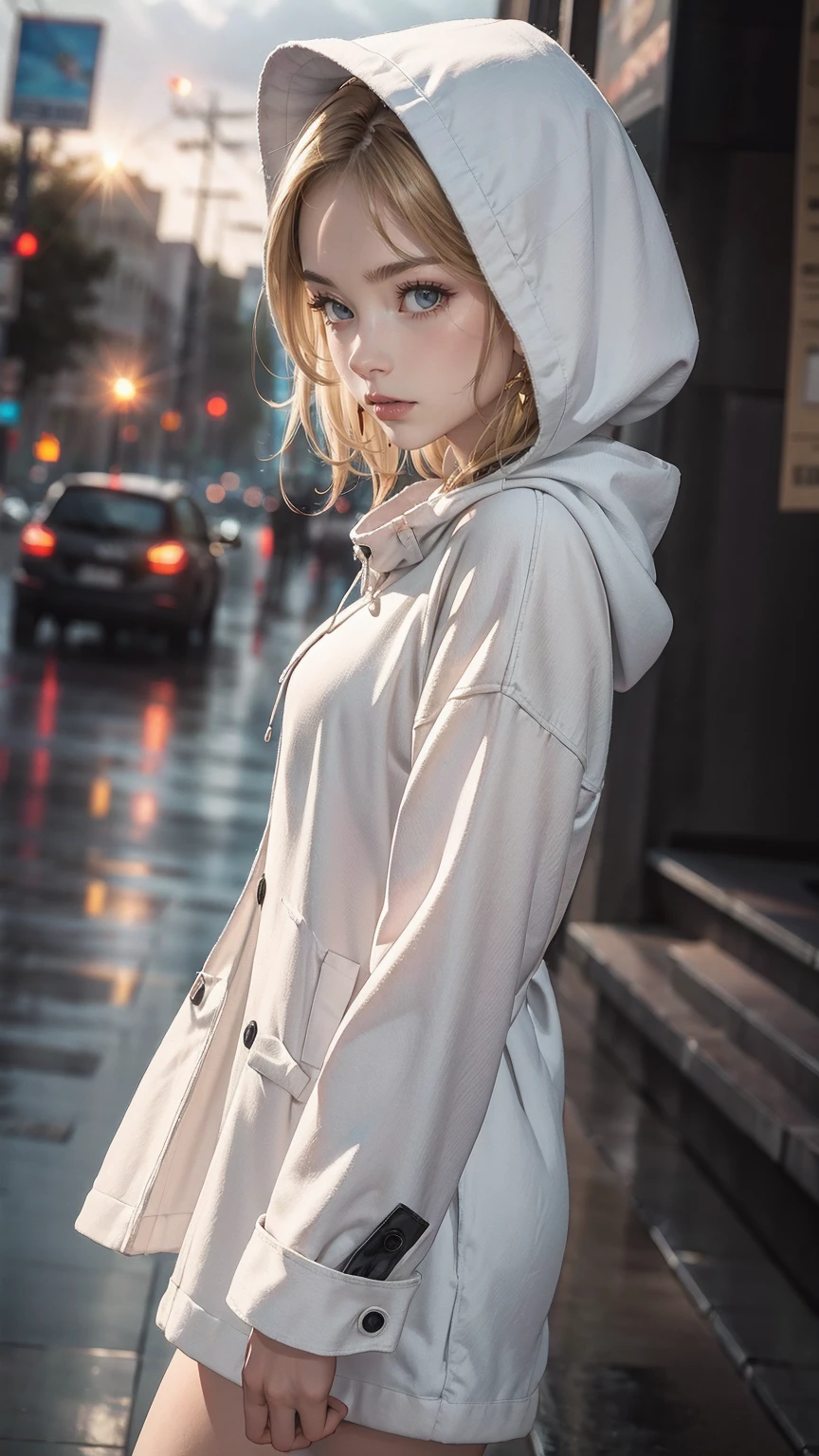 ((最high quality, 8K, masterpiece: 1.3, Ultra HD, high quality, 最high quality, High resolution, realism)) 、(high color saturation:1.0), (highly detailed skin), (最high quality:1.0), (超High resolution:1.0) ,(realistic:1.0), (Super detailed:1.0), (8K, Raw photo:1.1), slender、Slender, muscular body that's toned like an athlete's、white woman、blue eyes、blonde、Wear a raincoat、put on a hood、City with poor visibility due to rain、I'm in the middle of the road、Sunlight shines through gaps in the thick rain clouds、there's a rainbow in the sky、Low angle view