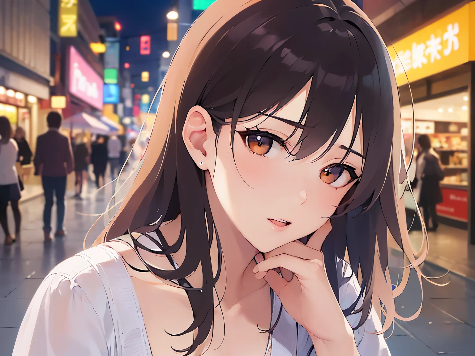 (Resting hand on chin:1.3)、Upper Body, Realistic, real person, (pale skin: 1.2), RAW photo, photorealistic, portrait photography, shiny skin, japanese idol、shiny hair、(25 year old woman with medium hair with bangs) and (wavy hair) and (brown hair) and (orange eyes) , plain white t-shirt 、(sad:1.3), open mouth, The background is a shopping street at night、Alone、Are standing